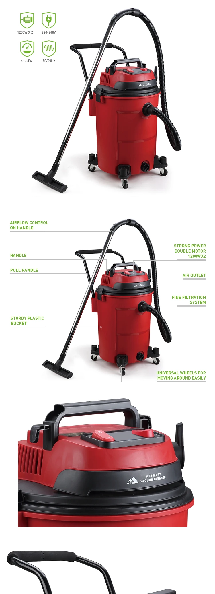 3 in 1 Double Motor Power Tool Powerful suction 60L 2400W Electric plastic tank 60L electronic drums Wet and Dry Vacuum Cleaner