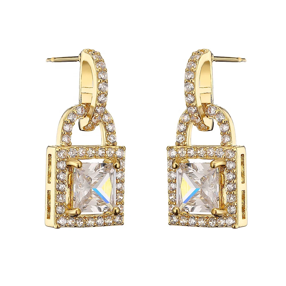 RAKOL EP2907 Big CZ Diamond Lock Shape Stud Earrings Silver Color Big CZ Crystal Diamond Lock Earrings