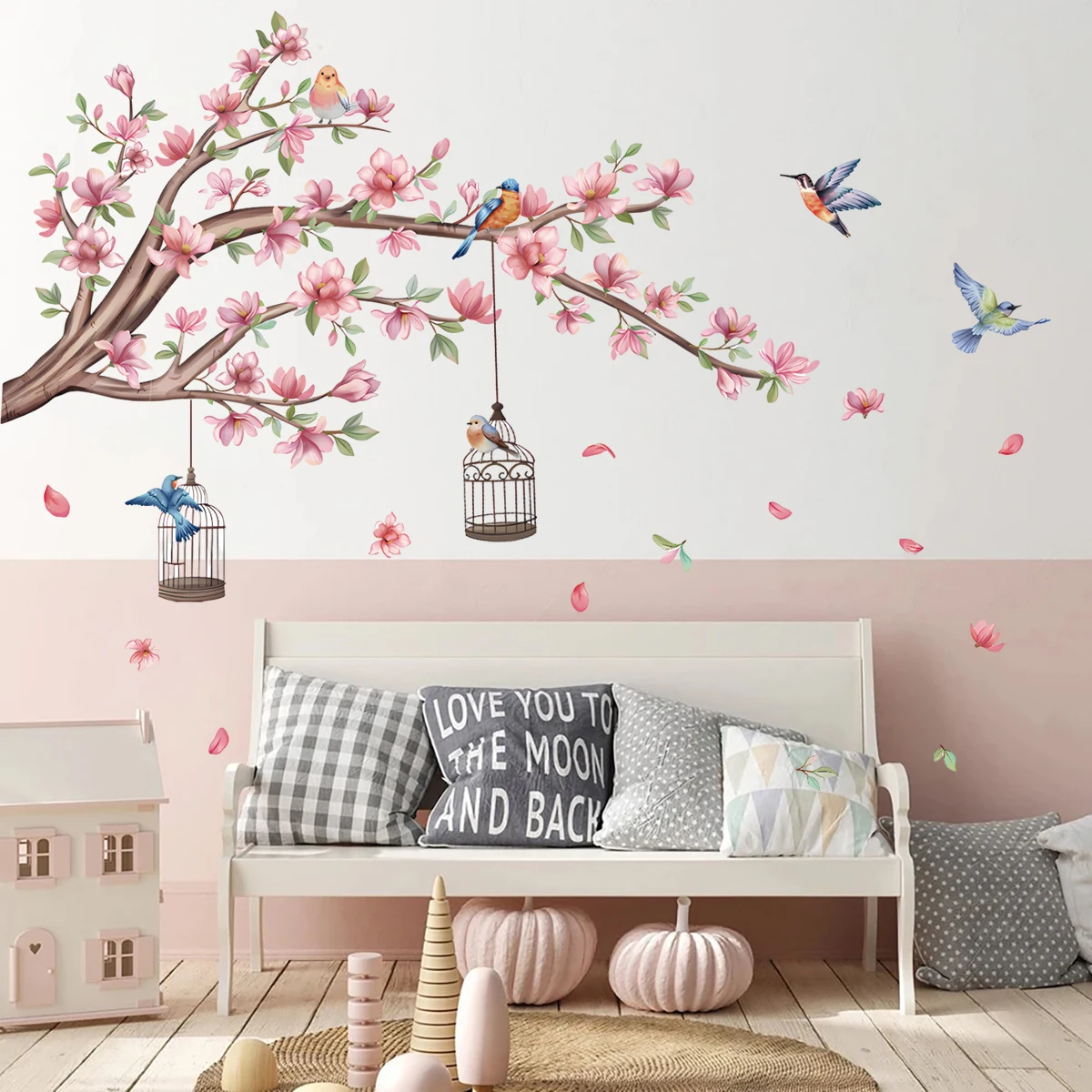 Freehand beautiful  peach blossom bird wall stickers living room bedroom decoration wallpaper self-adhesive stickers