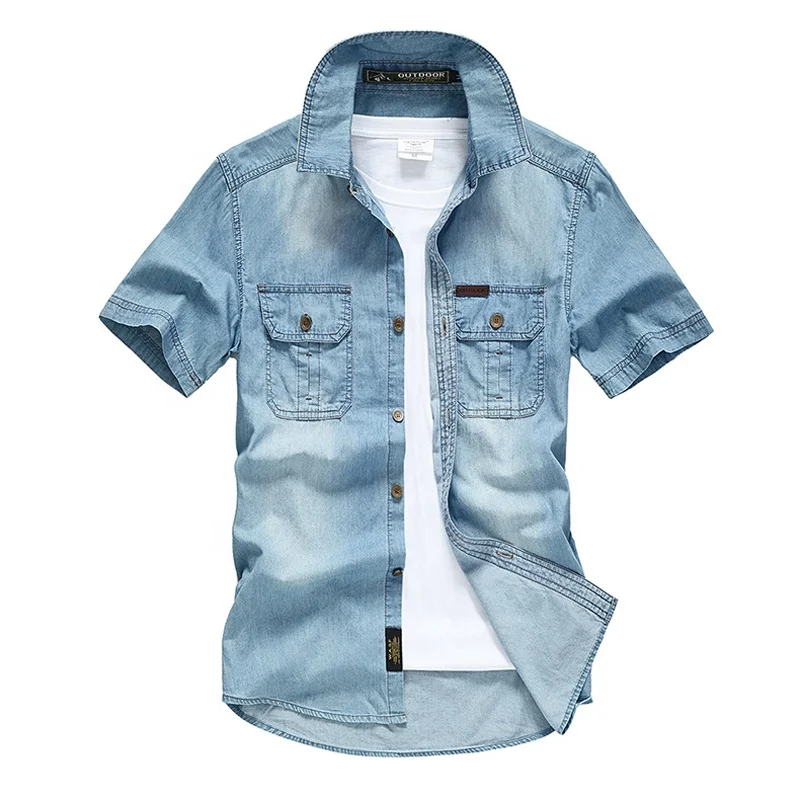 Джинсовая рубашка мужская с короткими рукавами, тонкая сорочка из мягкого хлопка, облегающая эластичная сорочка из денима с двумя карманами, ковбойская одежда