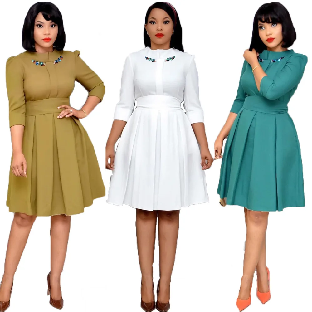 
Elegant Pleated A-Line Dress African Clothes Autumn Embroidery O-Neck Knee Length Dress Office Lady Party Club 