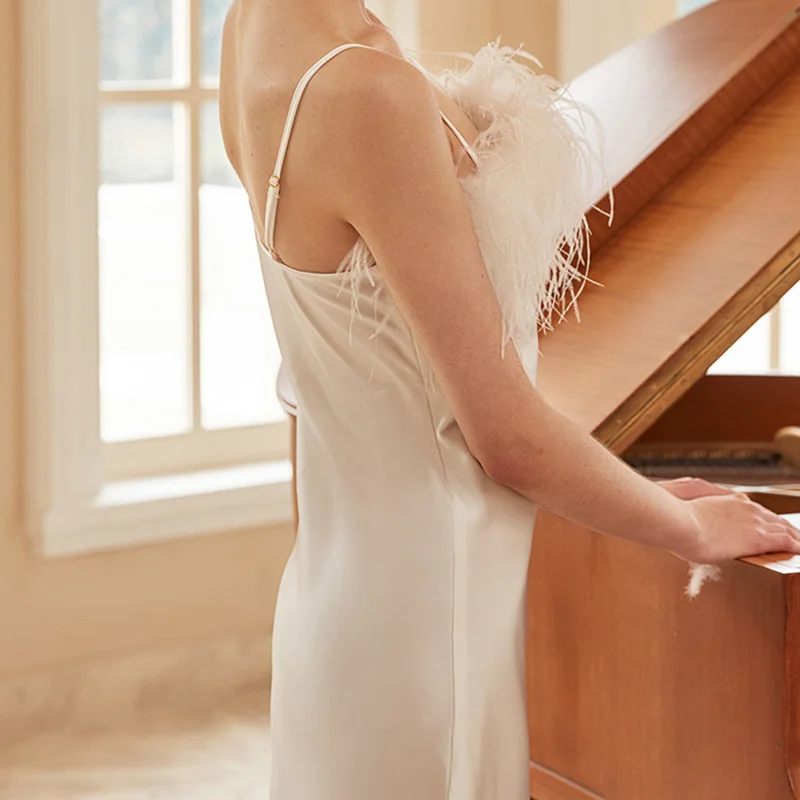 Custom Elegant Evening Party Dress Ostrich Feather Bridal Pajamas Night Dresses For Women