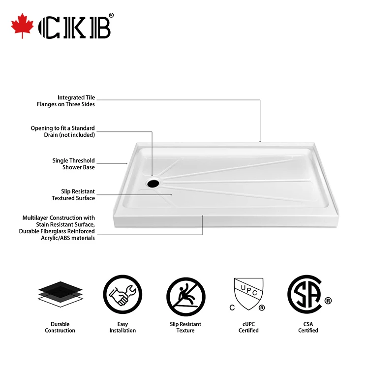 CKB OEM ODM 60x30x4 Single Threshold Textured Surface Square Acrylic Bathroom Shower Tray With Antislip