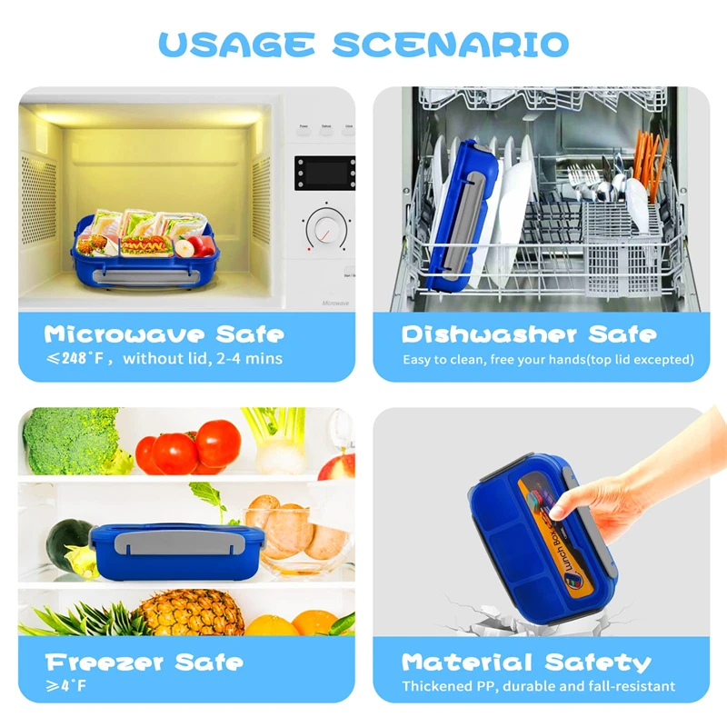 Amazon Hot quadrate airtight food container portable 4 Compartments&Fork bento lunch box for kids