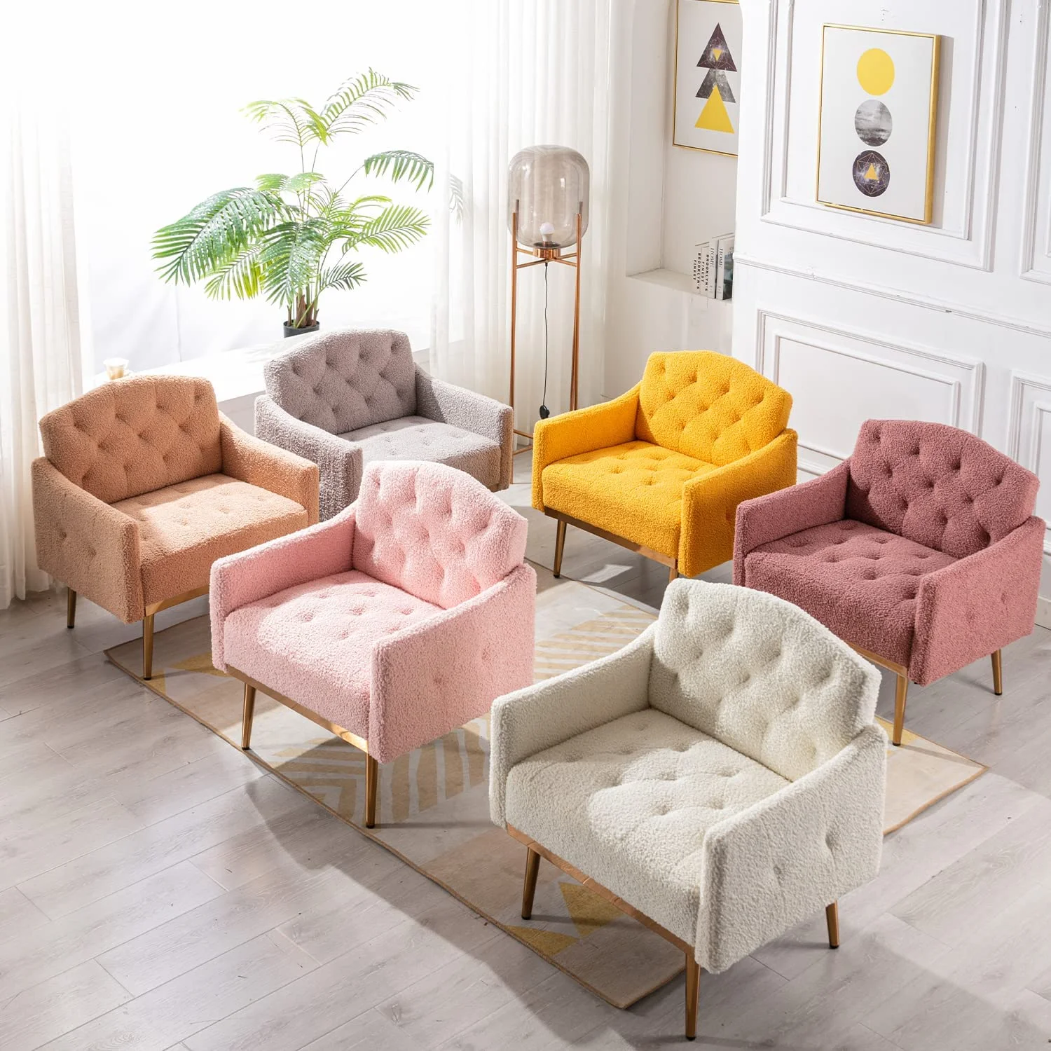 Modern Living Room Accent Arm Chair Tufted Decorative White Single Sofa Fabric with Gold Metal Legs