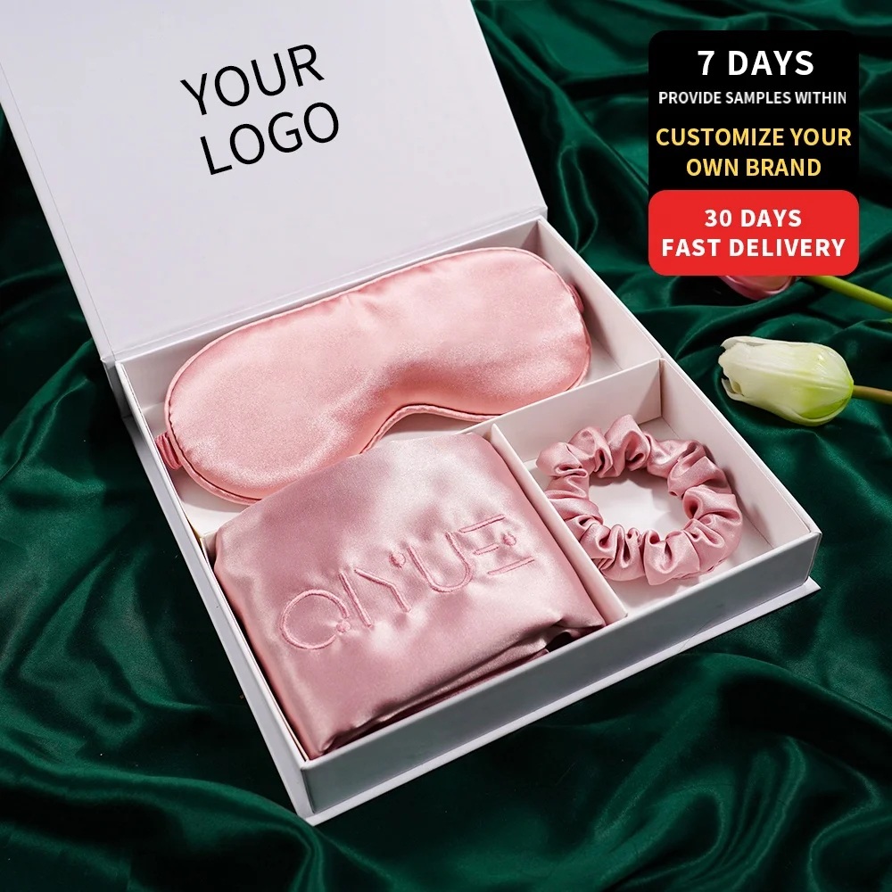 Support low MOQ custom size soft and smooth envelope pillow case silk satin contour sleep eye mask silk scrunchies set