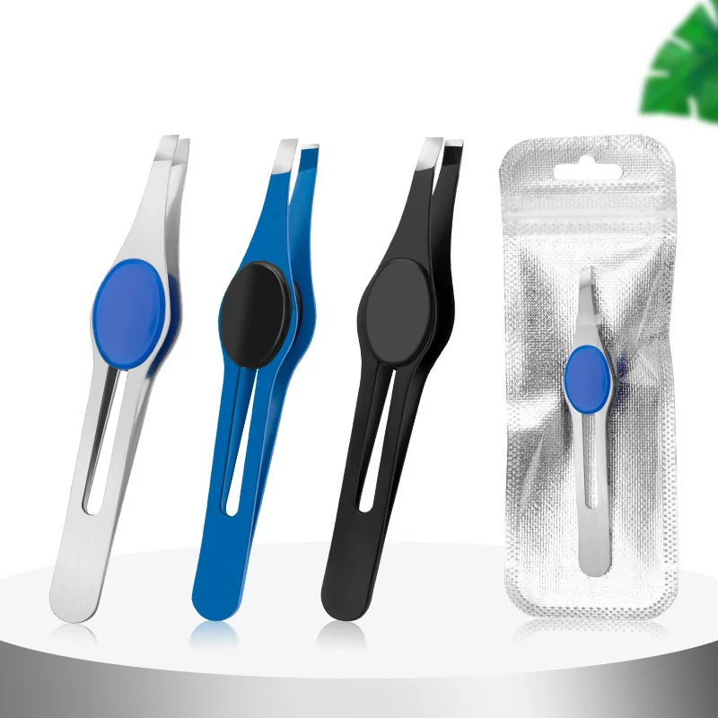 Customized Stainless Steel Silver Slanted Eyebrow Tweezers with soft silicone pad handle