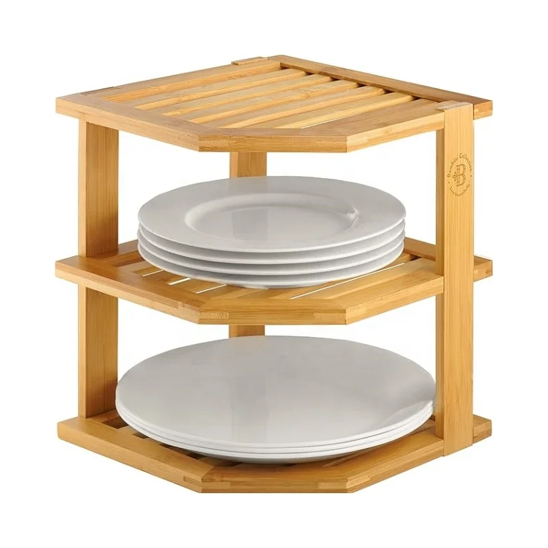 Wholesale High Quality Durable Eco Friendly Bamboo Plate Organizer for Cabinet Corner Shelf Kitchen Organizer