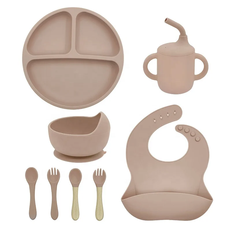 Wholesale BPA Free Silicone Kids Tableware 8pcs Set Infant Complementary Feeding Tool Baby Tableware Sets