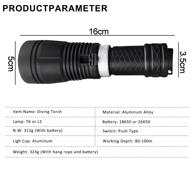 80-100m Working dept Aluminium Alloy Durable Diving Light for Sale