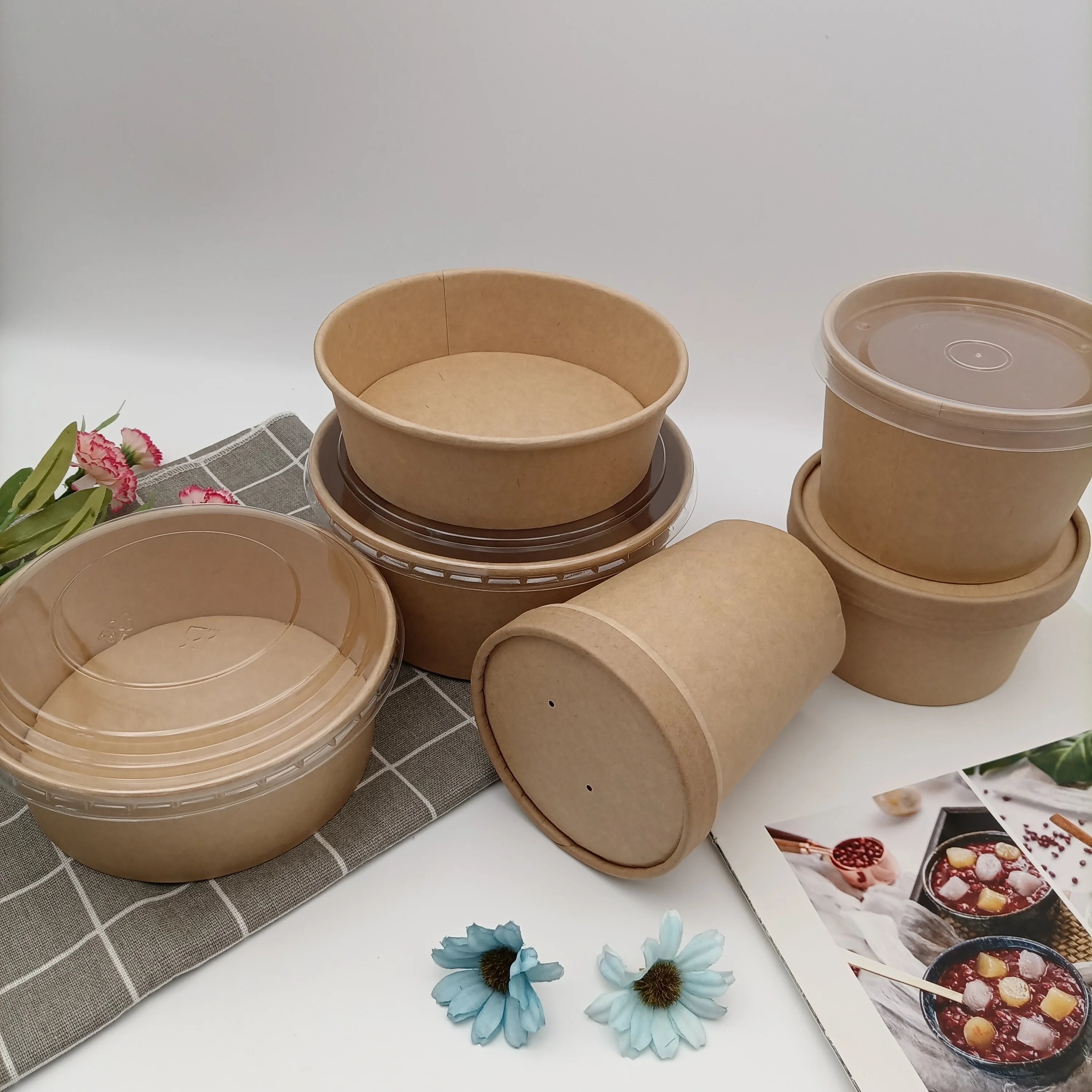 Wholesale Stock Biodegradable Disposable Takeaway Kraft Paper Bowls Large Container 40 Oz Salad Bowl With
