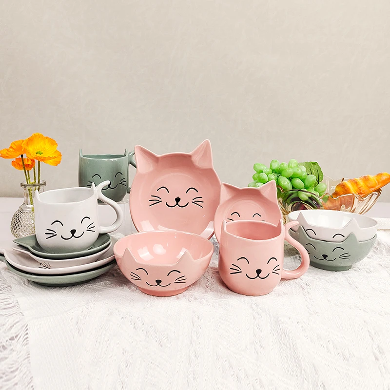 24 Piece Sample Available Cute Cats Children/kids Ceramic Dinnerware Sets Plates Dishes Bowls with Mug Dinner Set