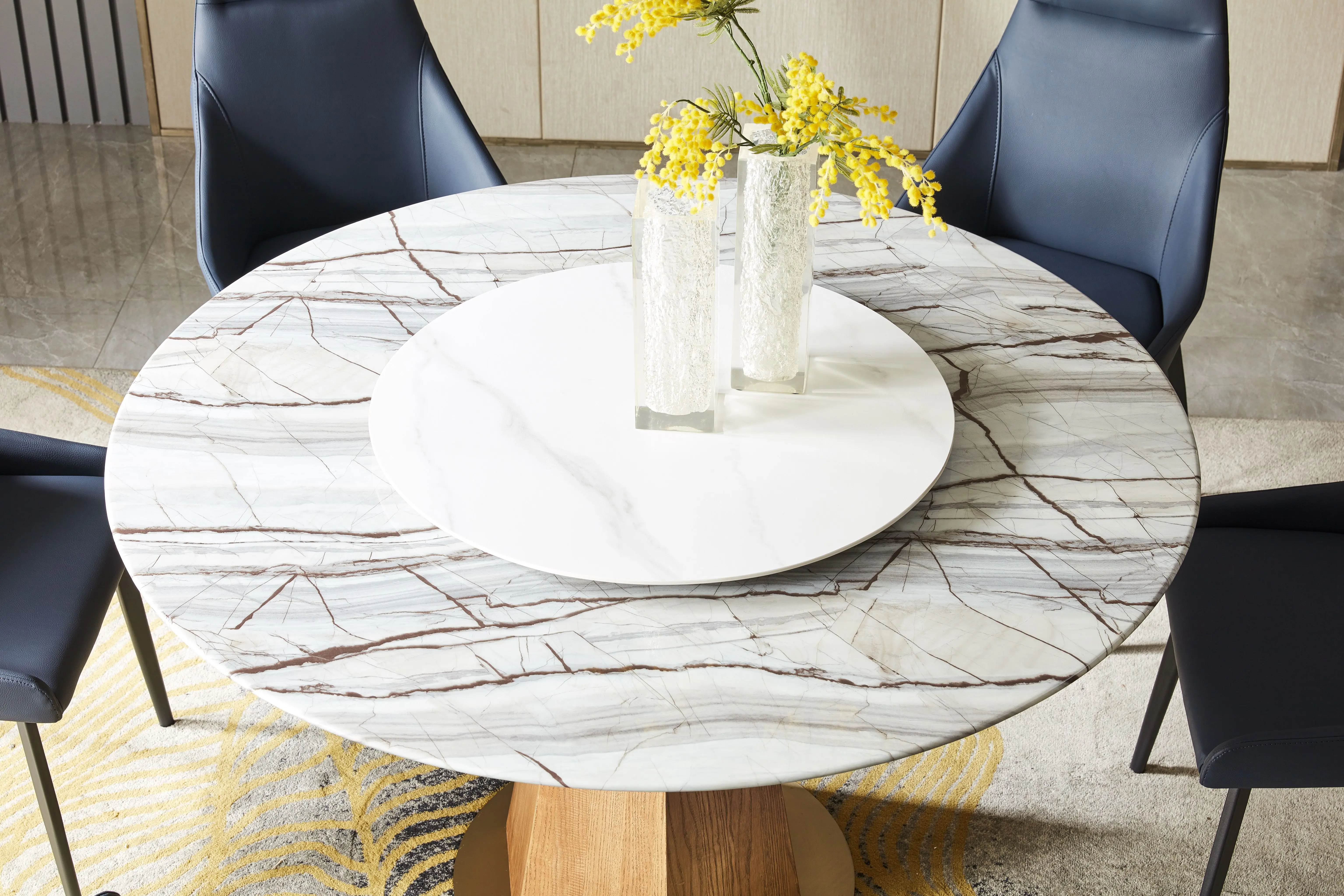 Guangdong Foshan Factory Marble Dining Table Round Rotating Dining Table and With A Wooden Foot With a Metal Base