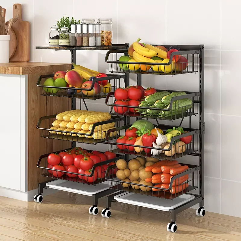 Adjustable kitchen metal rolling utility trolley cart fruit vegetable storage basket shelf rack with drainboard