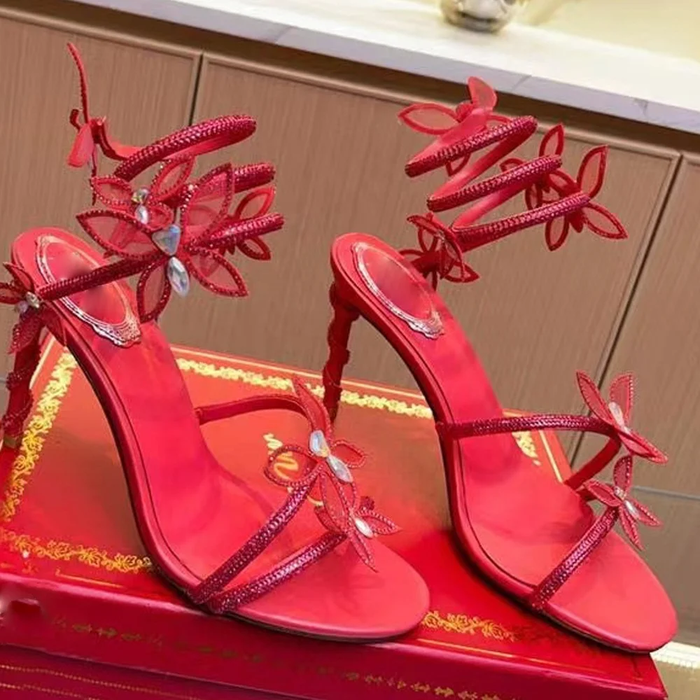 European And American Style Summer New Banquet Snake Butterfly Thin High Heel Round Toe Roman Stiletto Sandals For Women