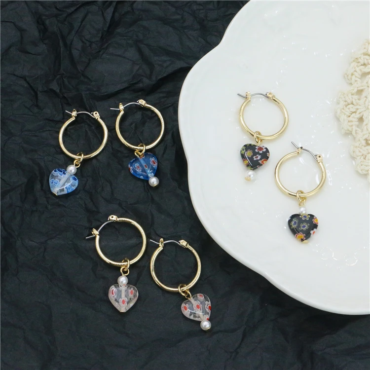 
 BXY high quality pearl 14k gold drop earrings black blue glass heart beads hoop earring for women  