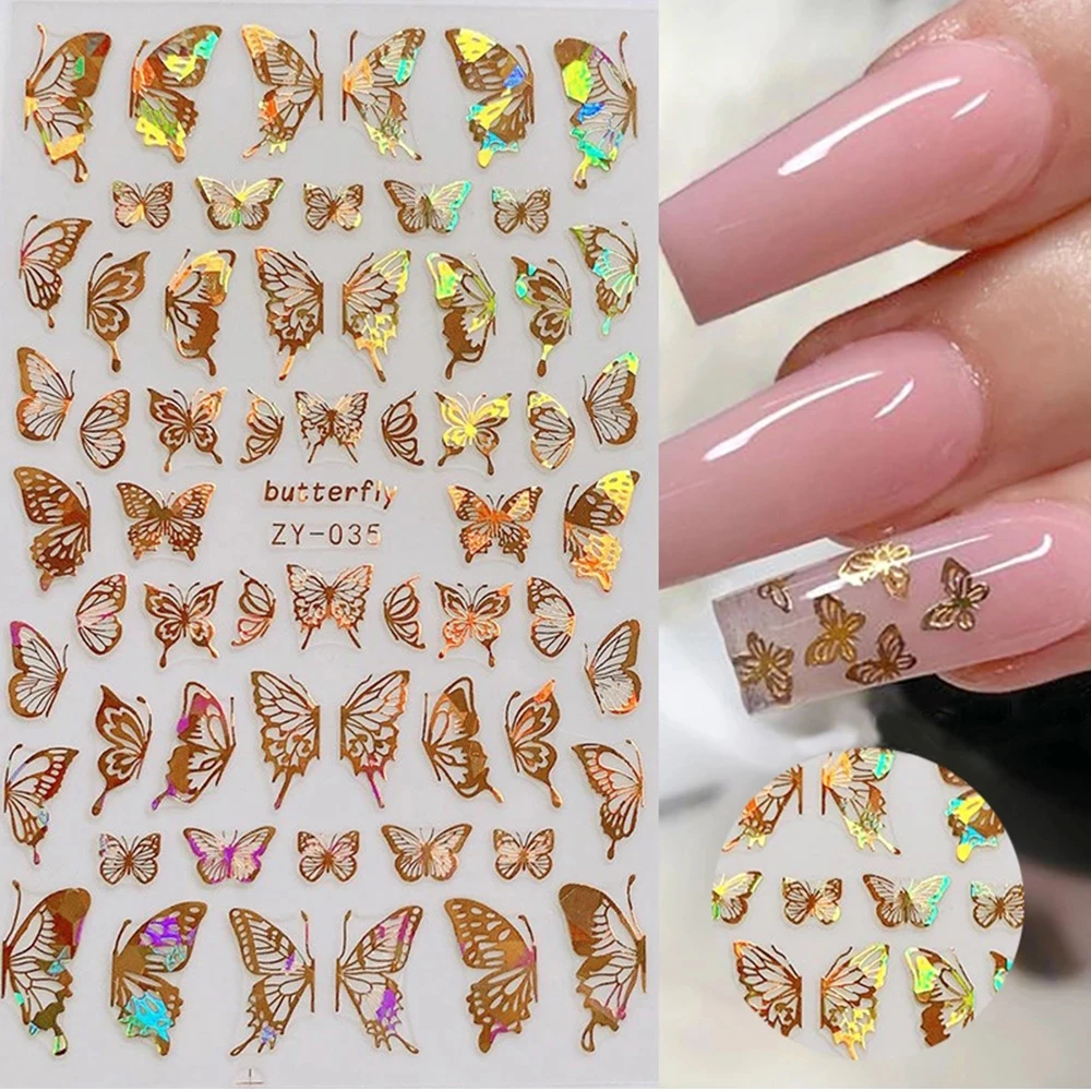 
2021 Holographic 3D Butterfly Adhesive Sliders Colorful DIY Golden Foil Nail Sticker For Women 