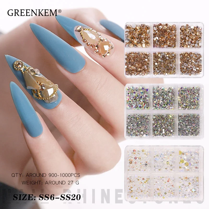 GREENKEM Crystals Kinds Of Color Nail Rhinestone Flat Bottom Multi-size Crystals Strass Gem Nail Art 3D Decoration