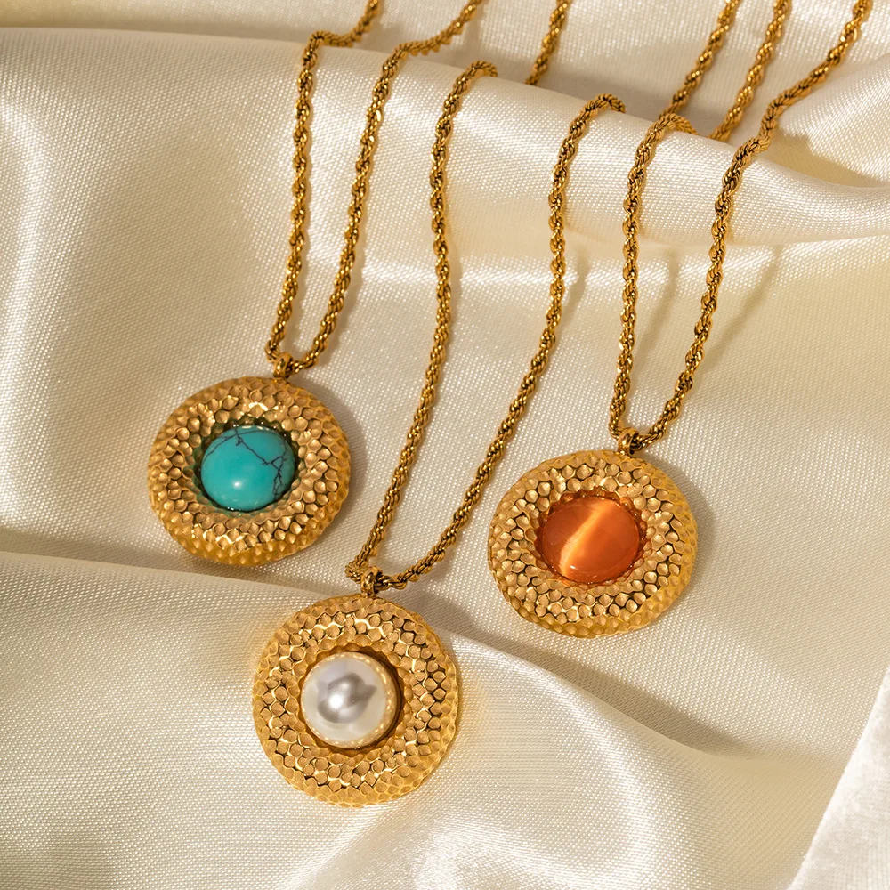 Vershal VSB231 Fine Natural Waterproof Luxury Stainless Steel Vortex Texture Opal Turquoise Pearl Circle Pendant Necklace