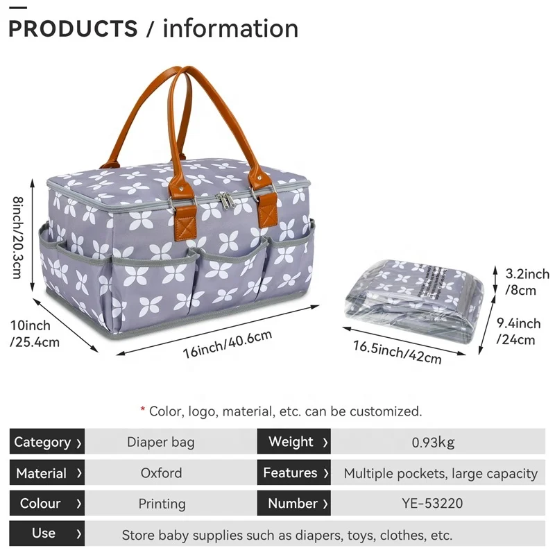 Custom Printing Portable Tote Diaper Organizer Manufacturer Designer Diaper Bags For Babies With PU Leather Handle