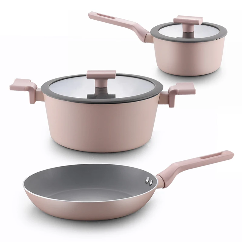 3Pcs die casting metal aluminum cookware sets with glass lid non stick cooking pots and pans cookware