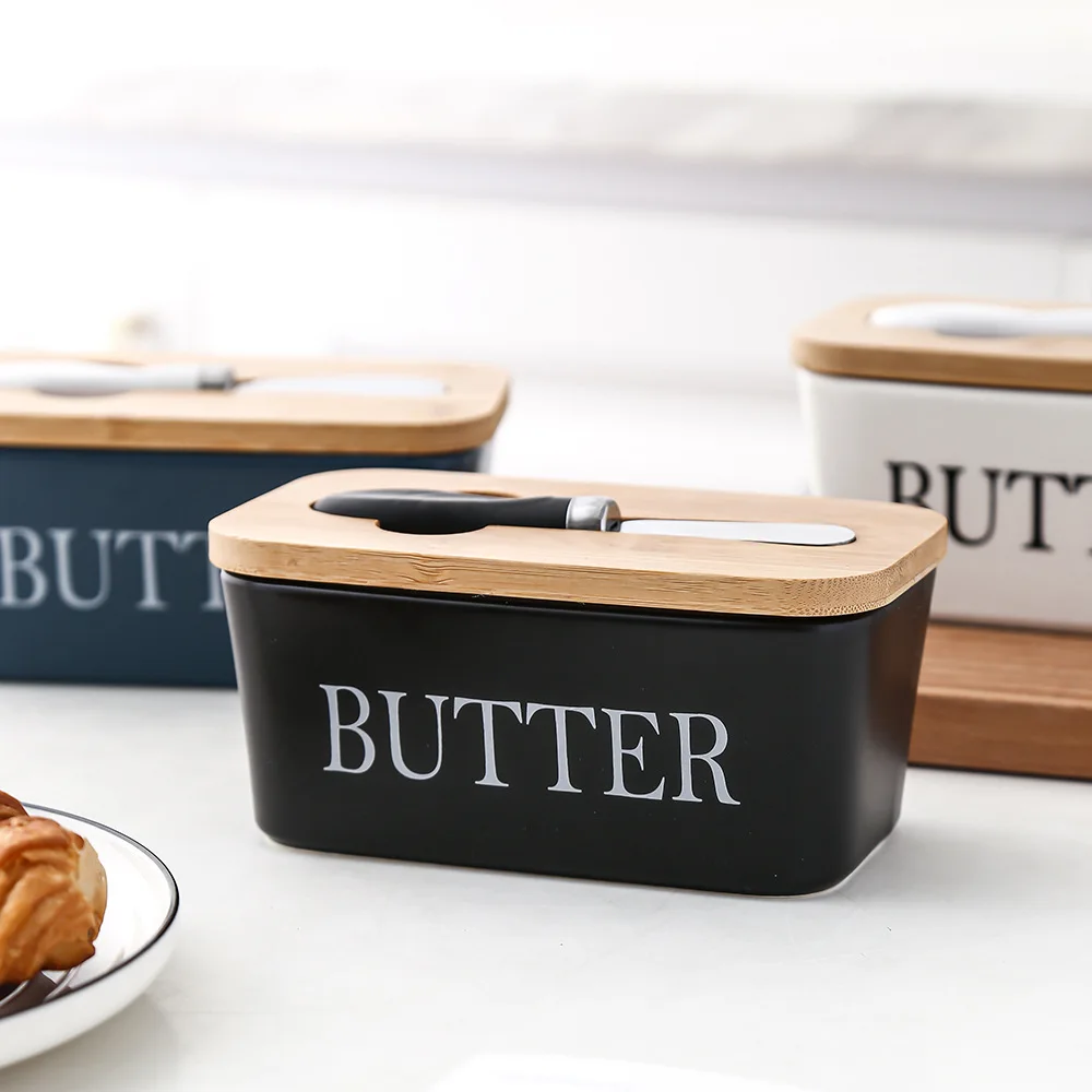 Rectangular sealed jar butter box with knife Western household cheese box ceramic butter box