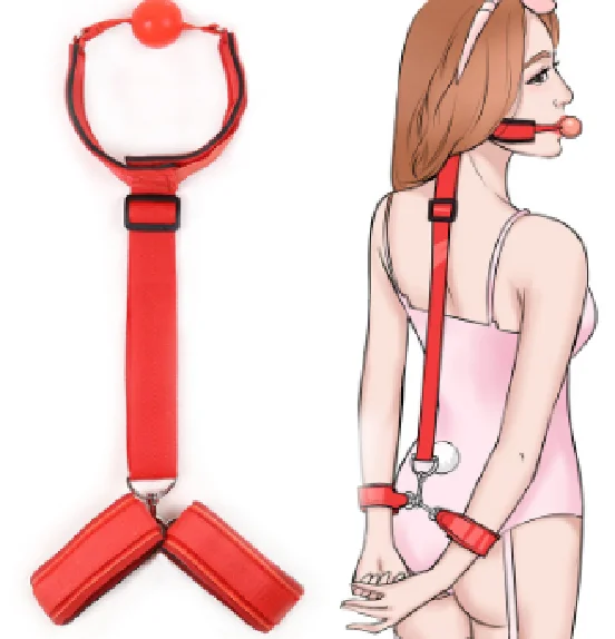 Bondage Gear Ribbon Material Bondage Kit Black Handcuffs with Mouth Ball Set Toys for Women