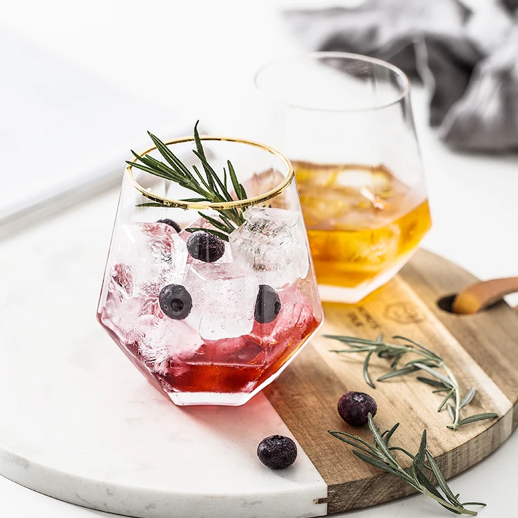 Wholesale Nordic creative simple glass diamond hexagonal transparent water mug household cold drink juice beer cup painted gold