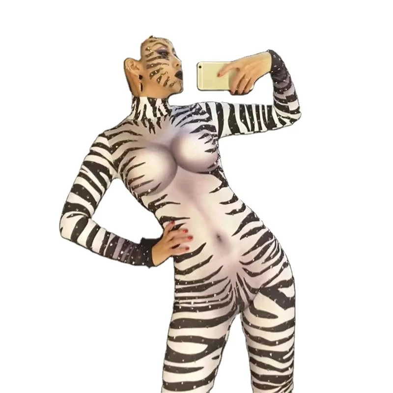 2023 Zebra Horse Pattern Jumpsuit Women Singer Sexy Stage Outfit Bar DS Dance Cosplay Bodysuit Performance Show Costume