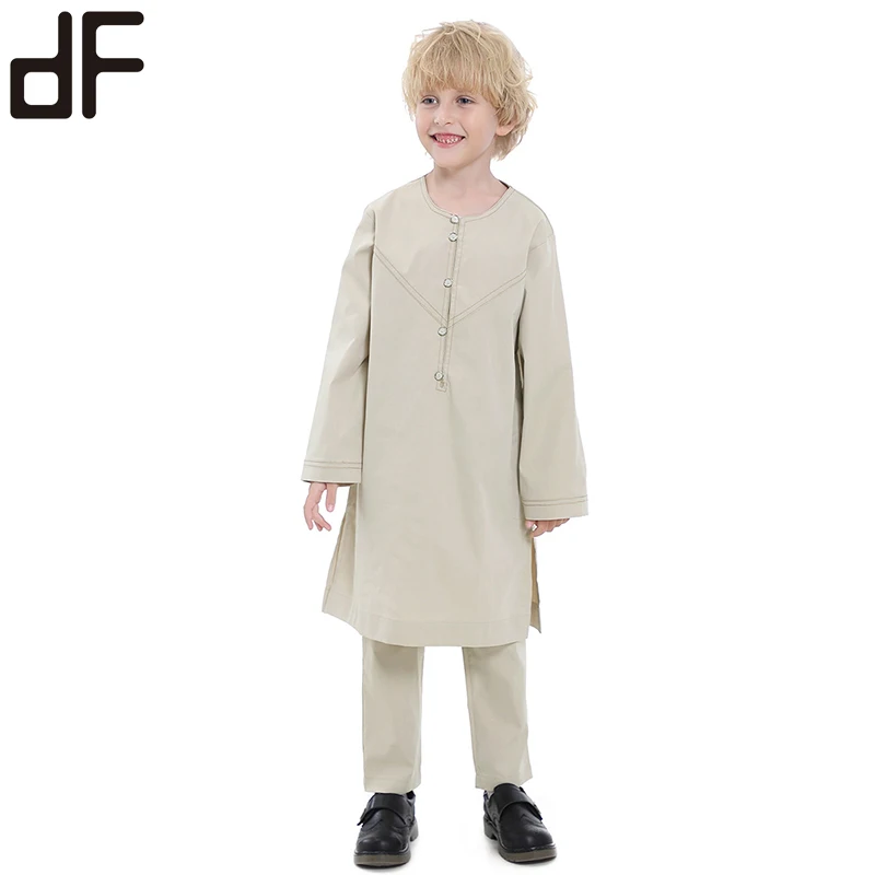 wholesale islamic children set clothing boys grey green button up kurta shirts with pants arabic tradition clothes for boy