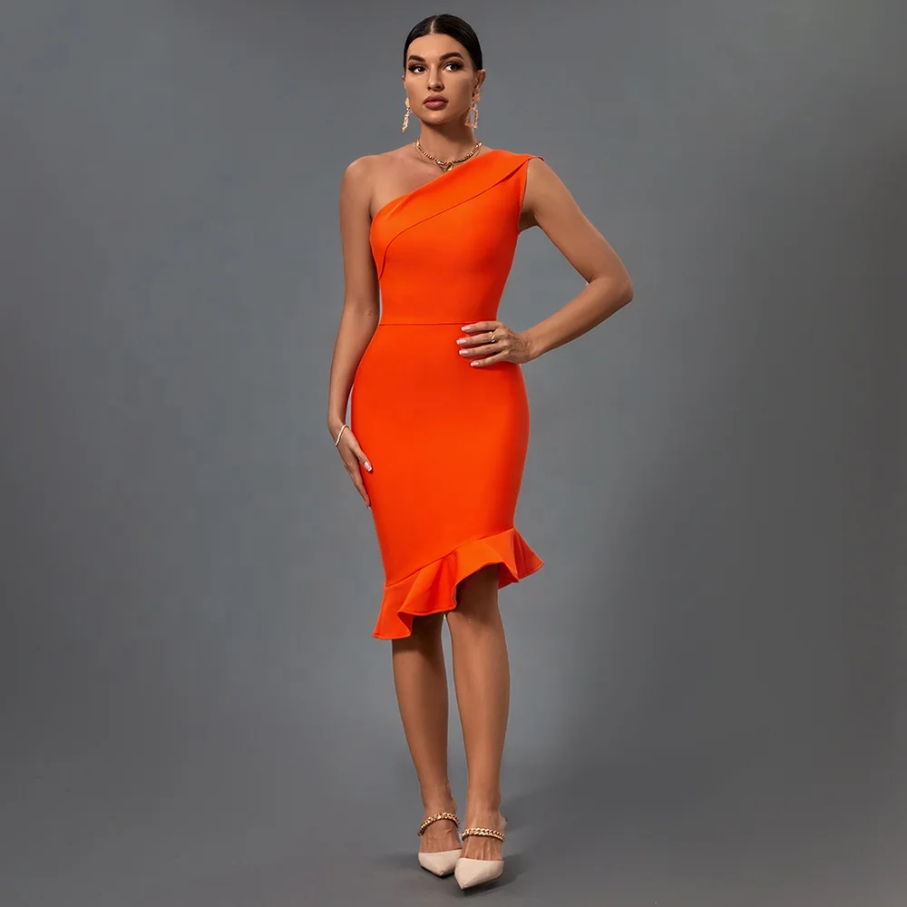 New In 2024 Ladies Bodycon High Waist Summer Dress Fashion Solid Color One Shoulder Sleeveless Classy Ruffled Dress