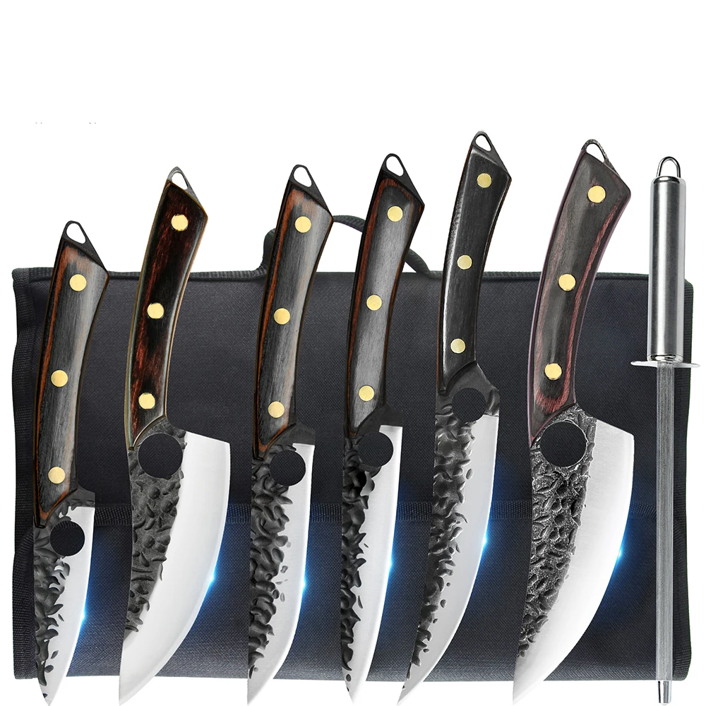 Xingye 3cr13 Stainless Steel Dark Brown Wood Handle Copper Nails Hollow Hammer Pattern 6CPS Kitchen Knives Rolling Bag Sharpener