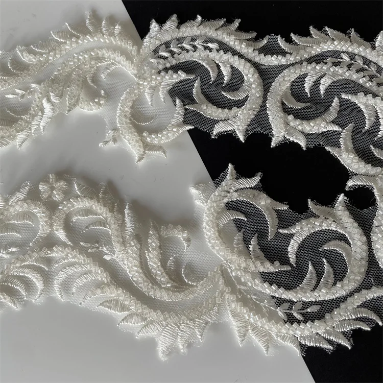 Factory Customized 9cm embroidery beaded border lace trim for wedding gown
