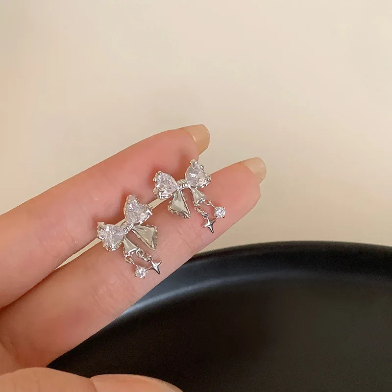 Silver Needle Eight-Pointed Stars Zircon Bow Stud Earrings South Korea Elegant Ins Style Light Luxury High-Grade Wholesale