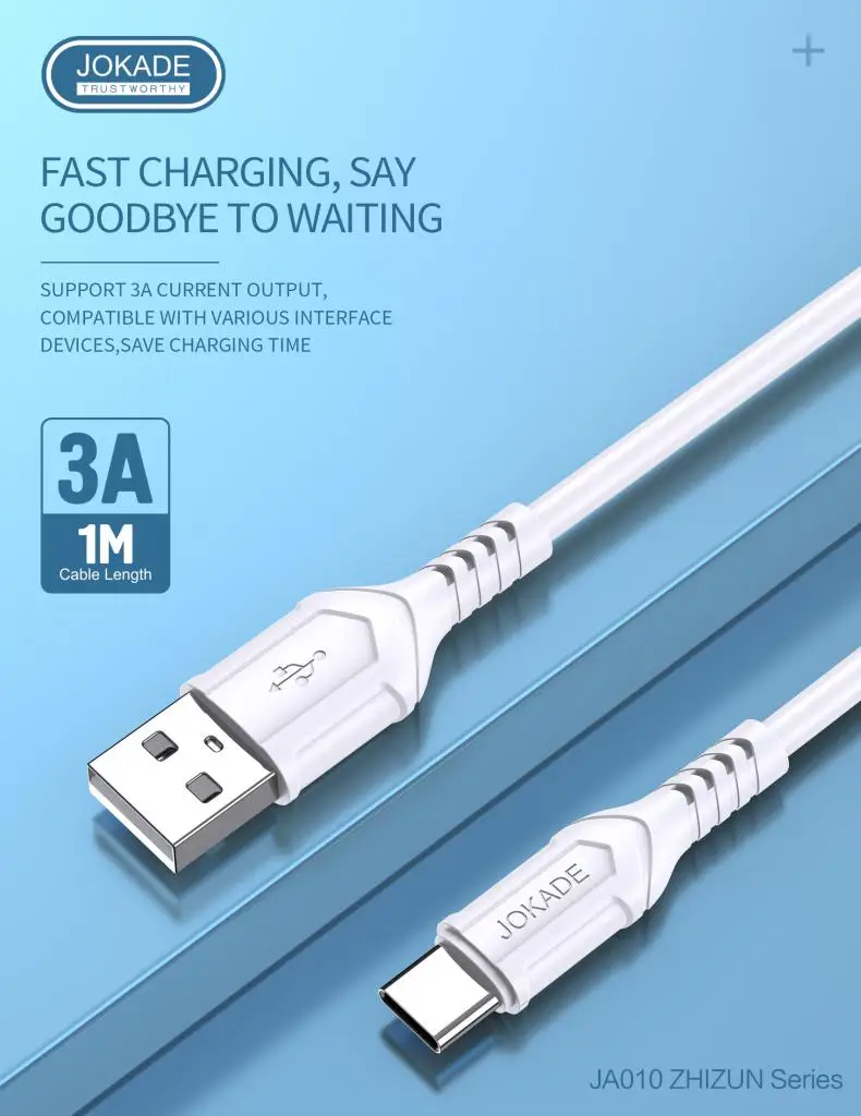 JOKADE оптовая продажа дешевый прочный 1 матер ПВХ провод Интеллектуальный Usb Type C 3A кабель для быстрой зарядки и передачи данных мобильного телефона