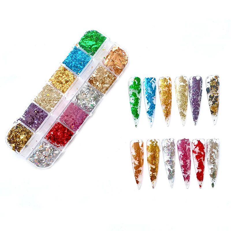 12 Grid colorful aluminum foils nail gold silver foil paper Sequins Nail Art Decoration Glitter Diy Nail