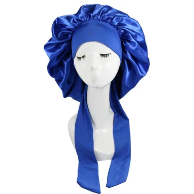 Big custom logo silky hair tie wrap sleeping hat en satin fashion silk adjustable women bonnets caps with drawstring for head