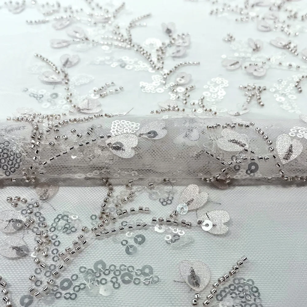 Ivory Embroidered Tulle with Beads and Sequins Tulle Beaded Sequinned Mesh Fabric