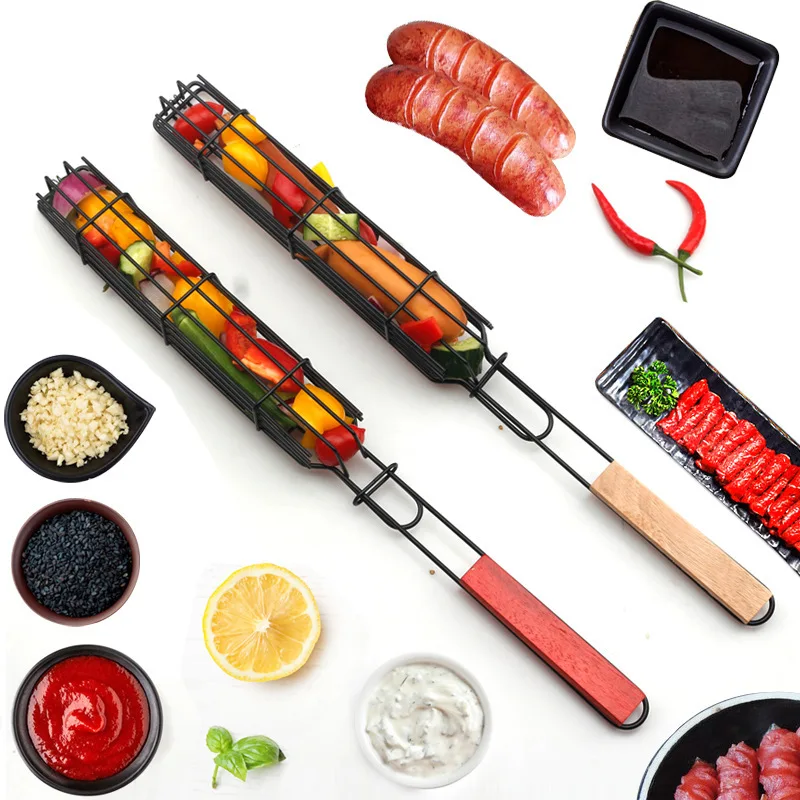 Home Outdoor Wooden Handle Stainless Steel Meat Vegetable Net Clip BBQ Clip BBQ Barbecue Utensils