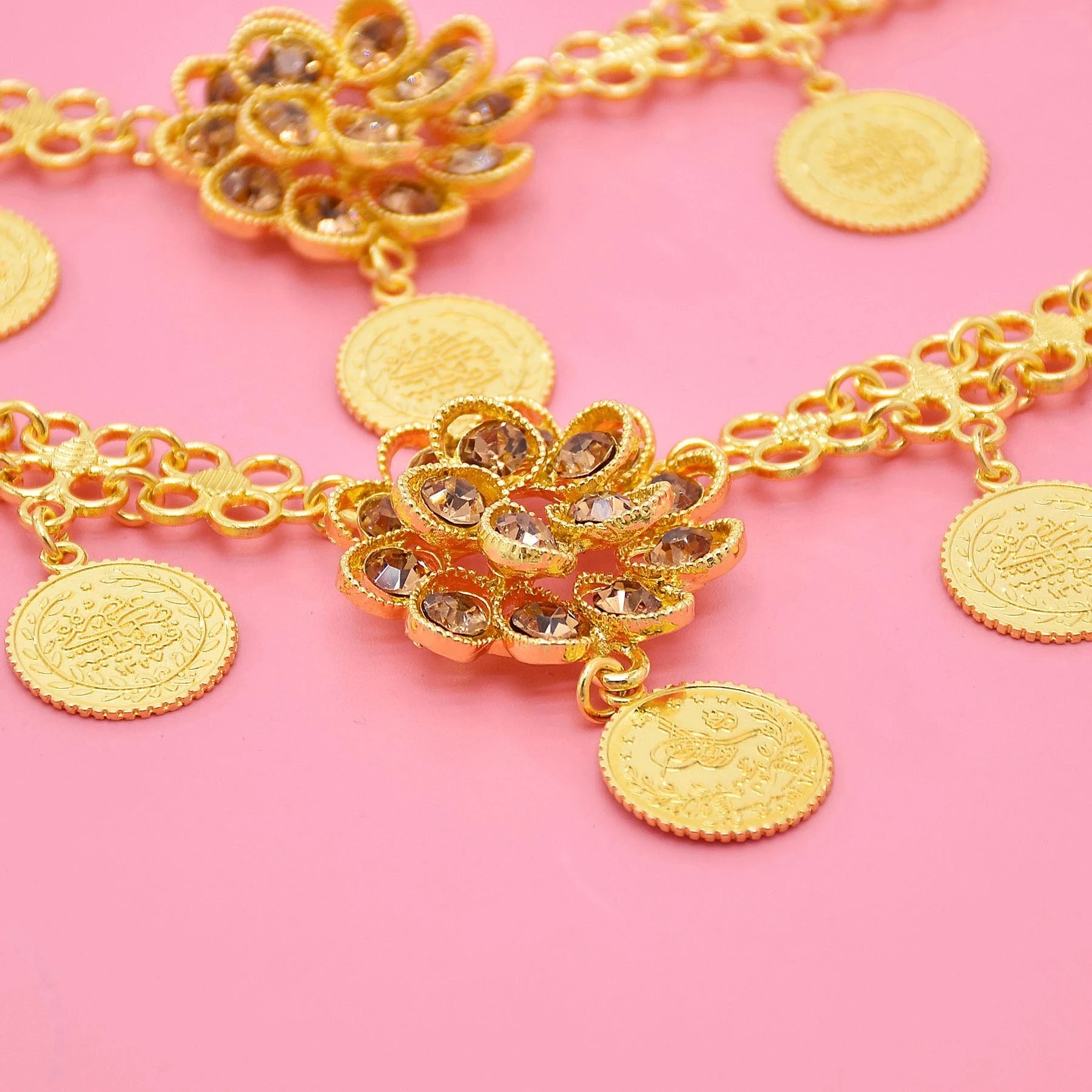 3-Layer Gold Coin Tassel Crystal Flower Waist Chain Necklace Accessories Brooches