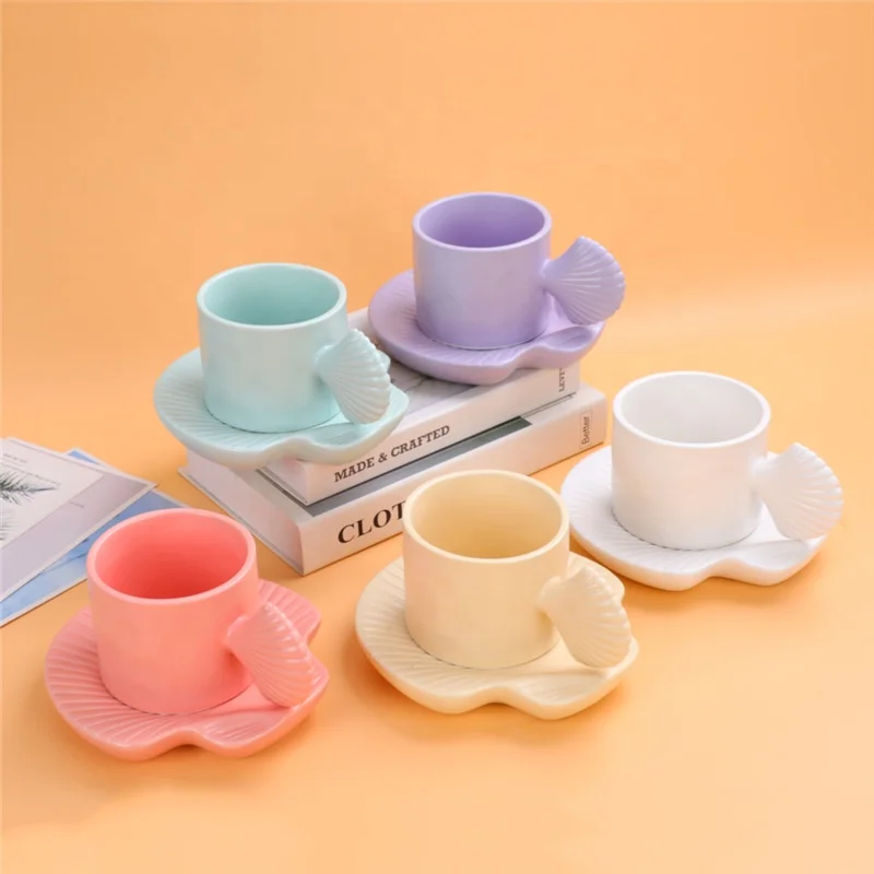 Nordic Ins Style Ceramic Coffee Mug Pangpang Fat Belly Mug Creative Shell Handle Cup and Saucer