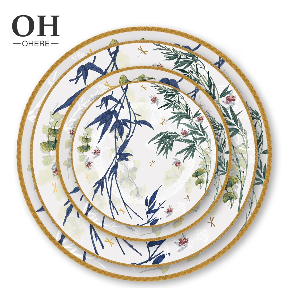 New arrival Maple Leaf print glazed ceramic kitchenware set gold rim dishes plate round high quality bone china dinnerware sets