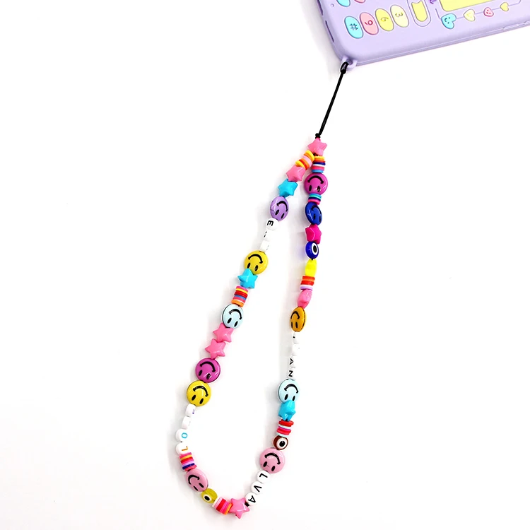 Оптовая продажа, разноцветная цепочка для телефона для девушек с изображением смайлика, длинная цепочка ручной работы
