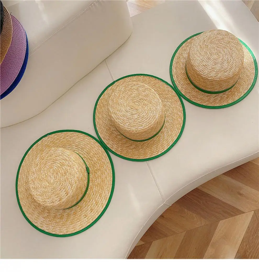 Hot selling solid ladies beach sun protection Green brimmed straw Women fashion flat top Jazz hat
