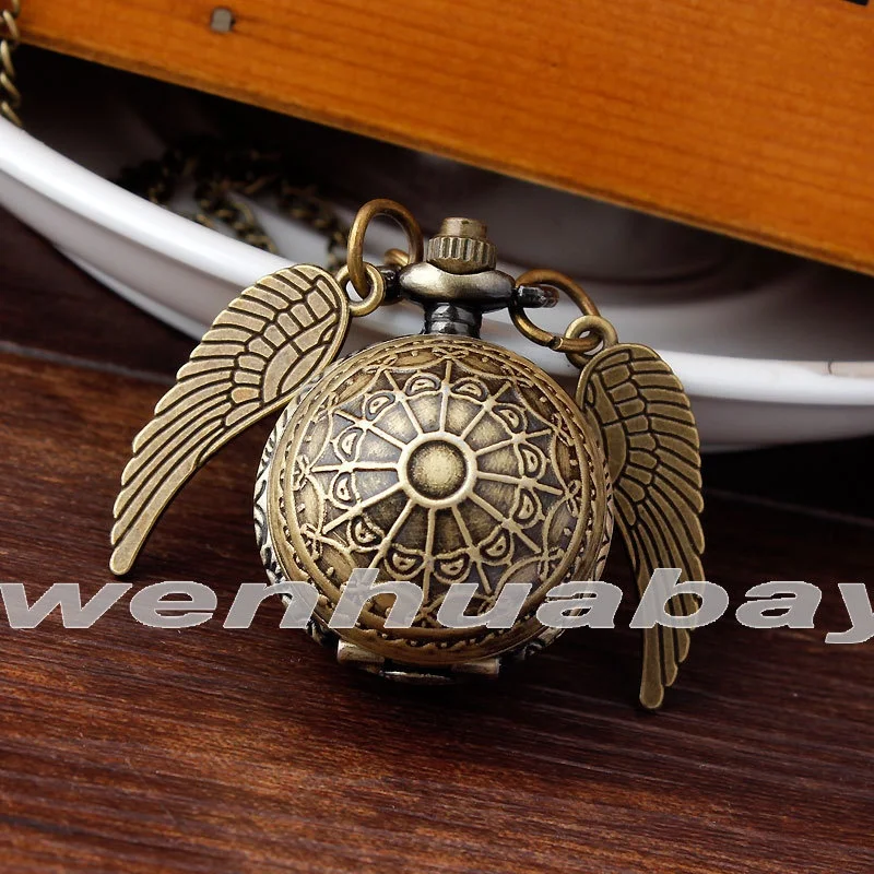 Retro Pocket Watch Necklace with Quartz Movement Silver Case Antique Style Featuring Golden Angel Wings Ball Heart