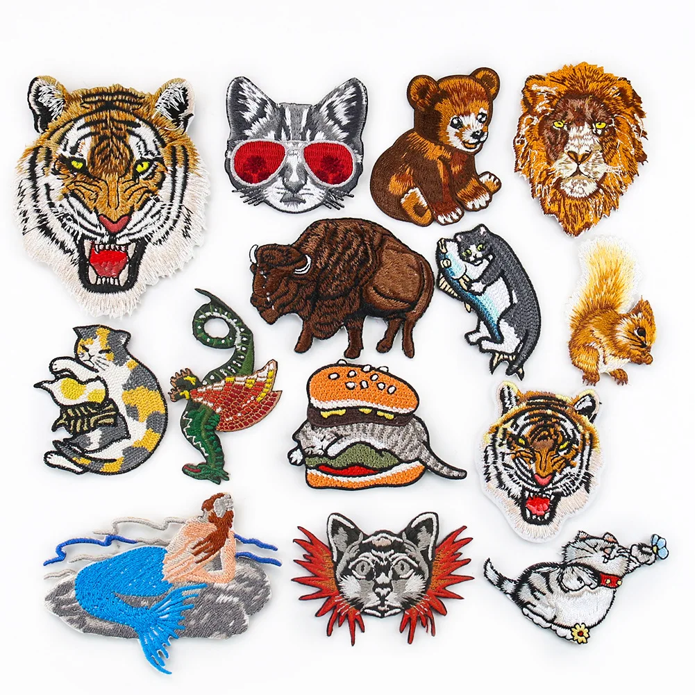 Ready to ship designer tiger lion kitten kids costume embroidery patches iron on custom sew on patches for jackets