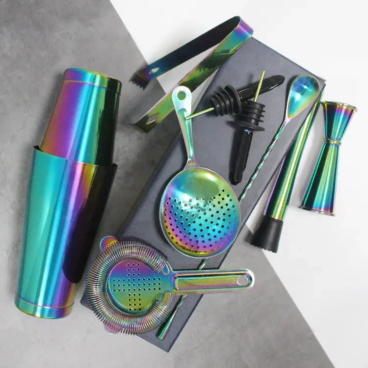 High Quality Unique Custom Logo Bar Colorful Plated Stainless Steel 10-piece Cocktail shaker set Bartender kit