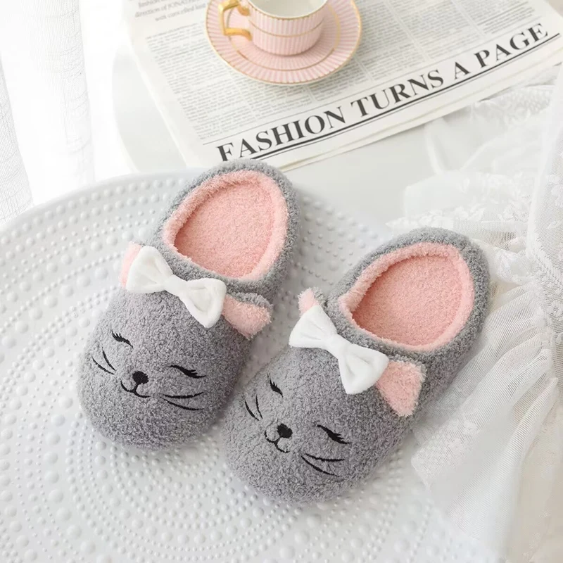 Winter Hot Cat Face Animal Children Indoor Shoe Fluffy Plush Fur Home Slipper