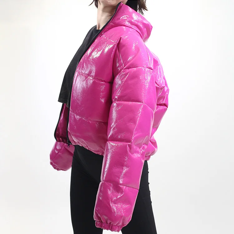 Зимняя одежда 2021, женский укороченный пуховик из светоотражающей ткани с воротником-стойкой, пуховик для дам