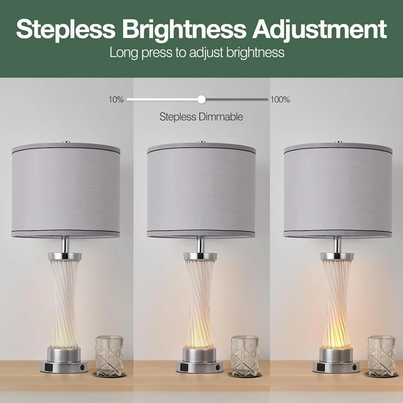 Modern Crystal Table Lamp 2-Piece Set 3-Way Dimmable Touch Control USB A+C Port Fabric Lampshade Bedroom Living Room Bedside